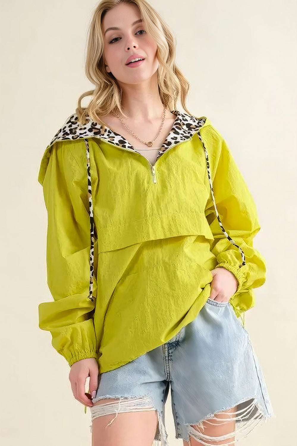 Leopard Print Hoodie Zipper Up Pocket Windbreaker