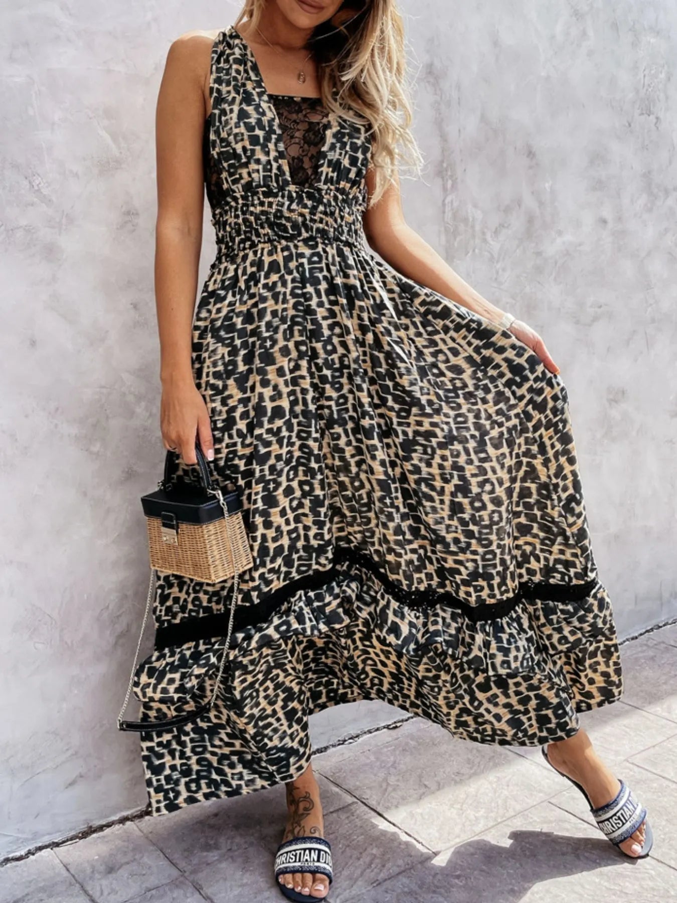 Leopard Print Sleeveless Maxi Dress with Lace Trim.