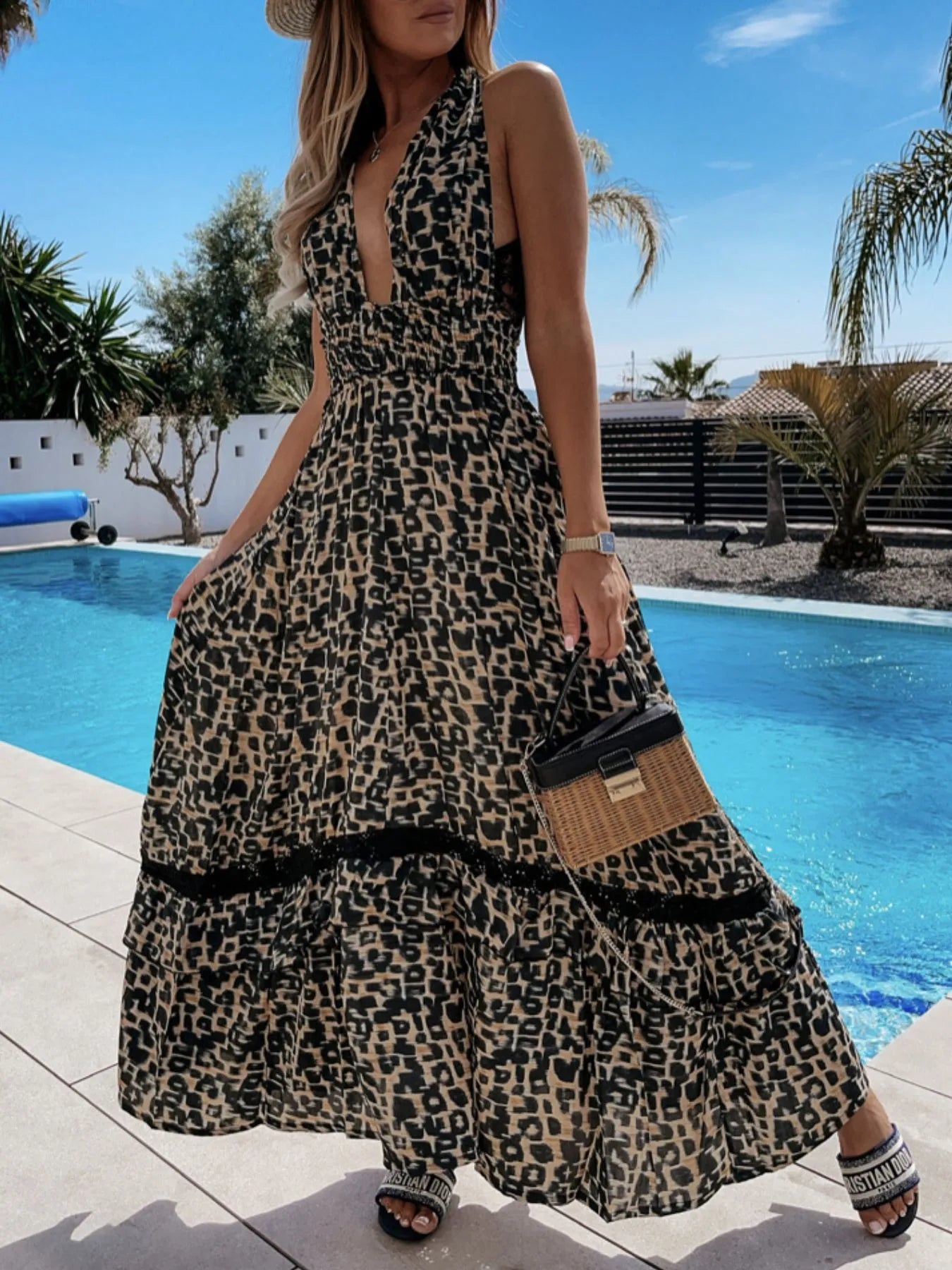 Leopard Print Sleeveless Maxi Dress with Lace Trim.