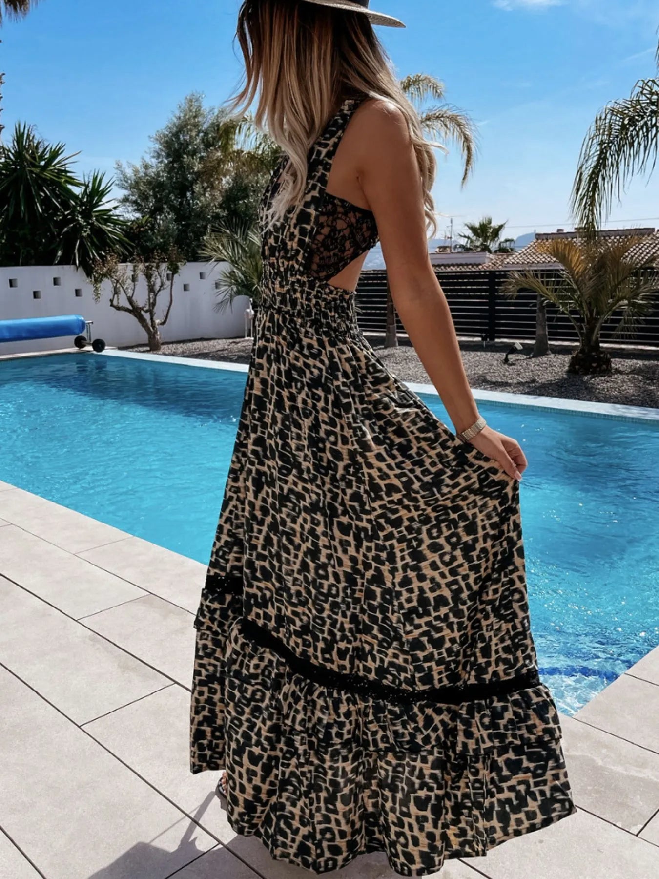Leopard Print Sleeveless Maxi Dress with Lace Trim.