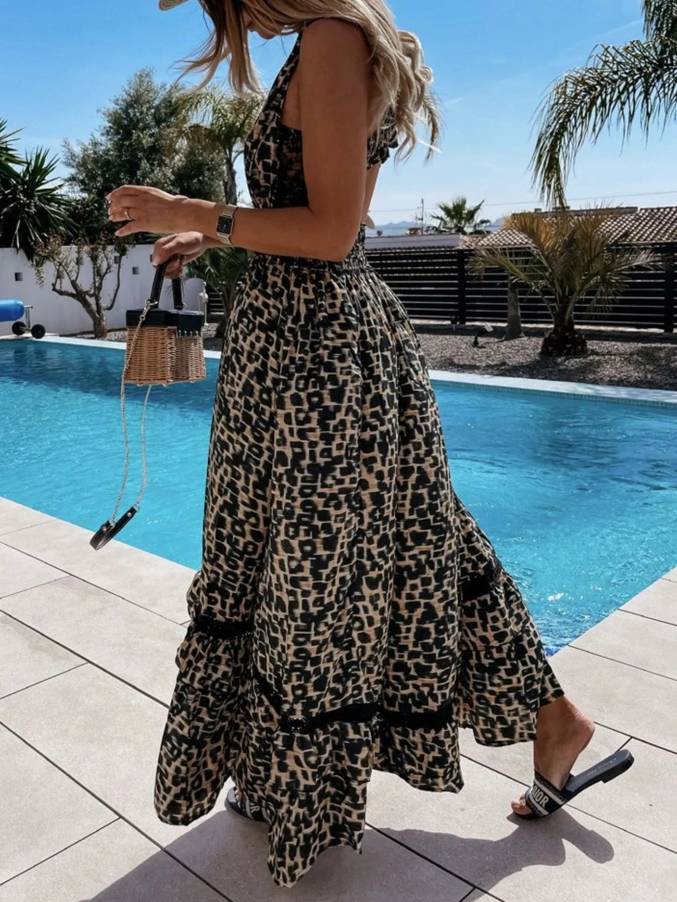 Leopard Print Sleeveless Maxi Dress with Lace Trim.