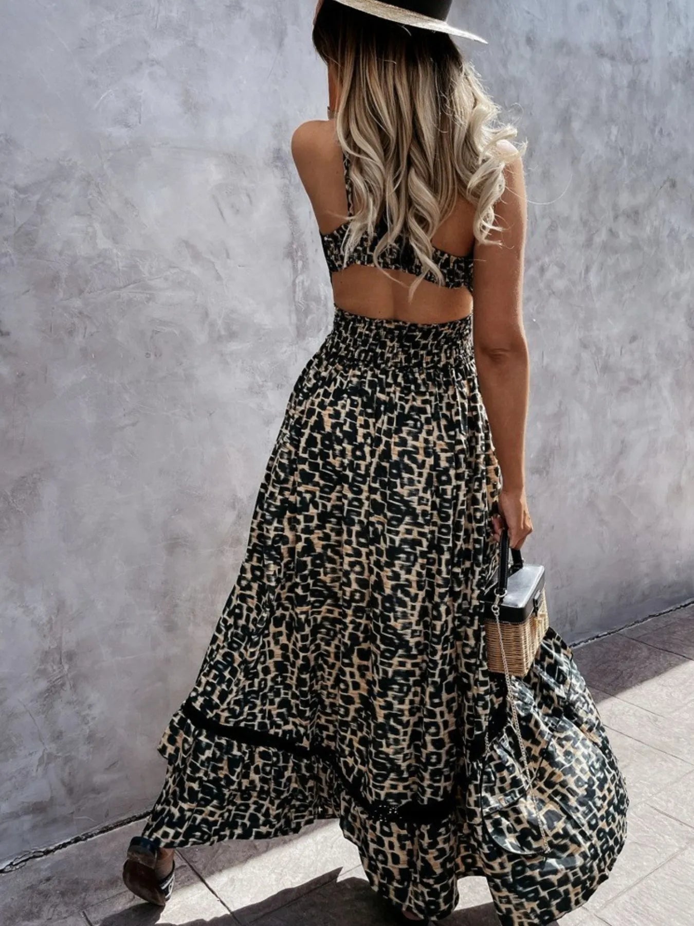 Leopard Print Sleeveless Maxi Dress with Lace Trim.
