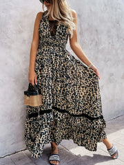 Leopard Print Sleeveless Maxi Dress with Lace Trim.