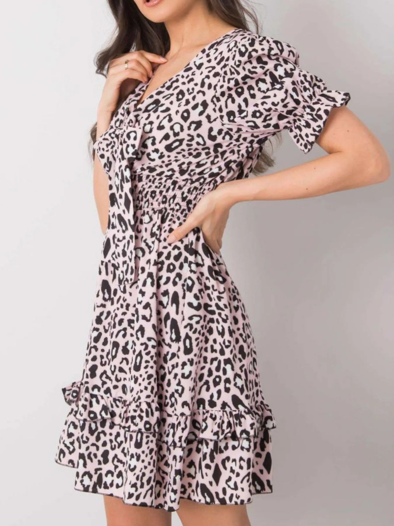 Leopard Print Tie Front Short Sleeve Mini Dress.