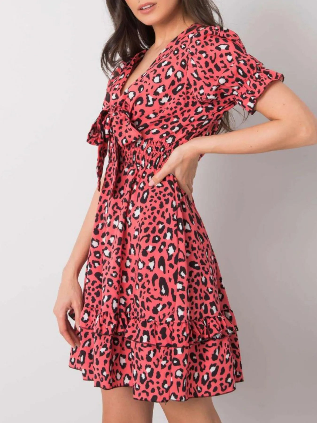 Leopard Print Tie Front Short Sleeve Mini Dress.