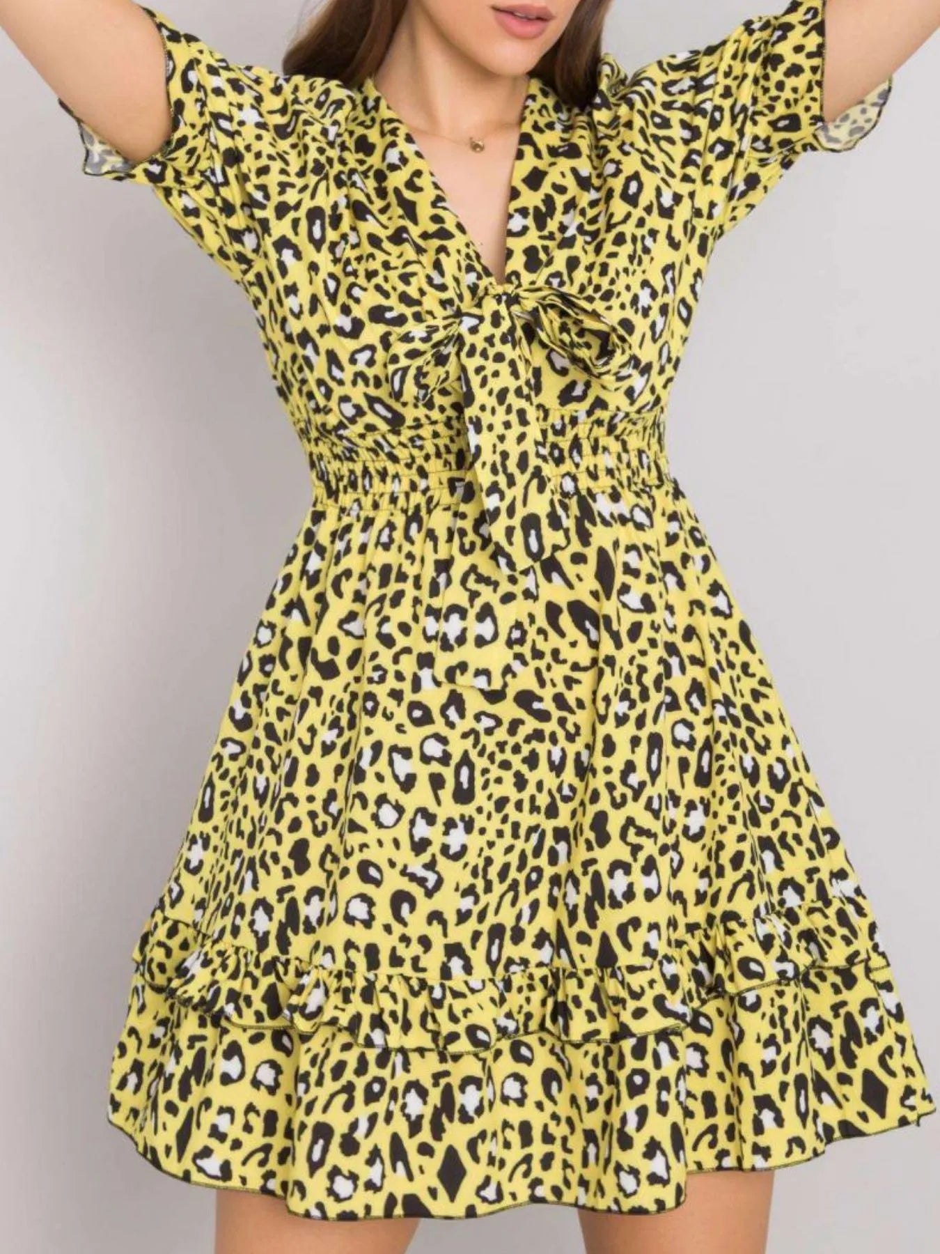 Leopard Print Tie Front Short Sleeve Mini Dress.