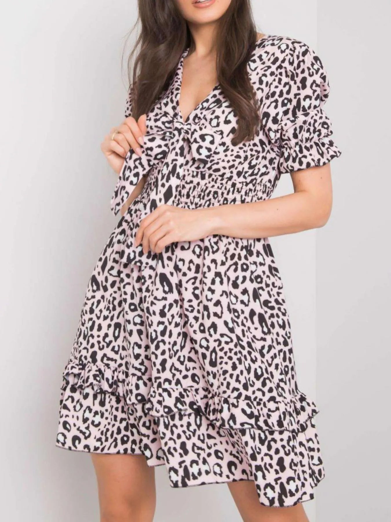 Leopard Print Tie Front Short Sleeve Mini Dress.