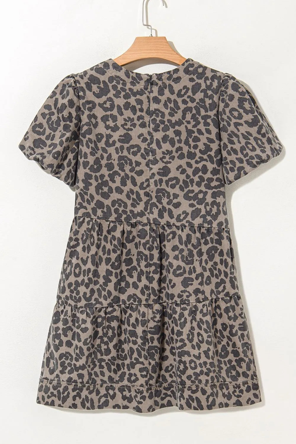 Leopard Round Neck Puff Sleeve Denim Dress.