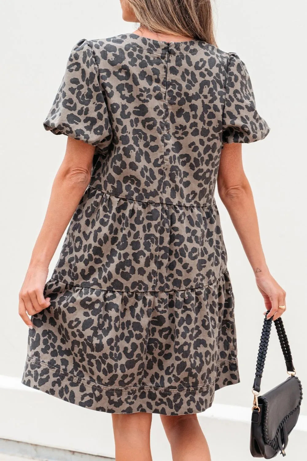 Leopard Round Neck Puff Sleeve Denim Dress.
