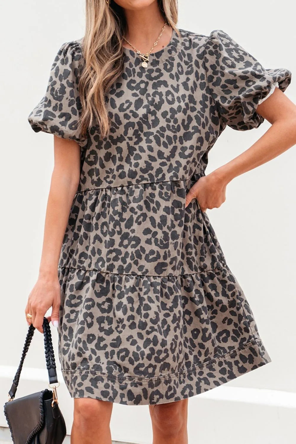 Leopard Round Neck Puff Sleeve Denim Dress.