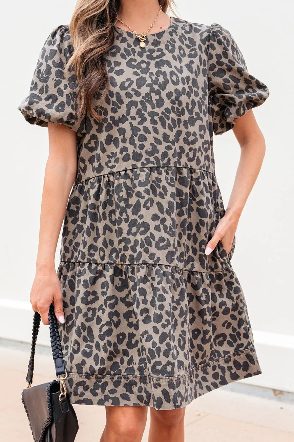 Leopard Round Neck Puff Sleeve Denim Dress.