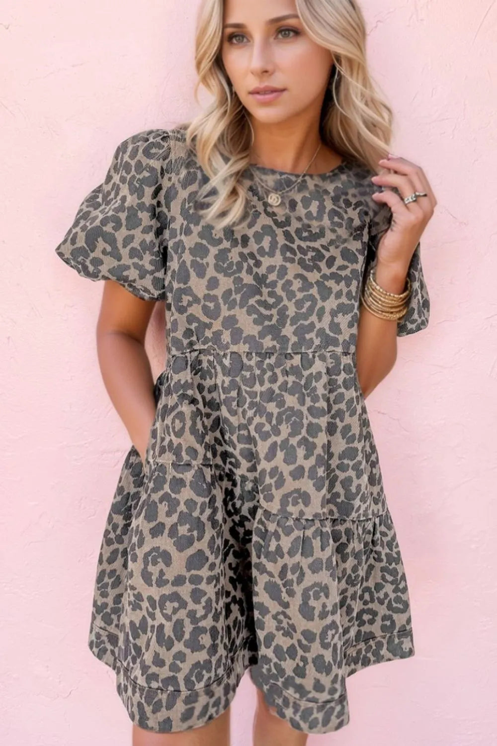 Leopard Round Neck Puff Sleeve Denim Dress.