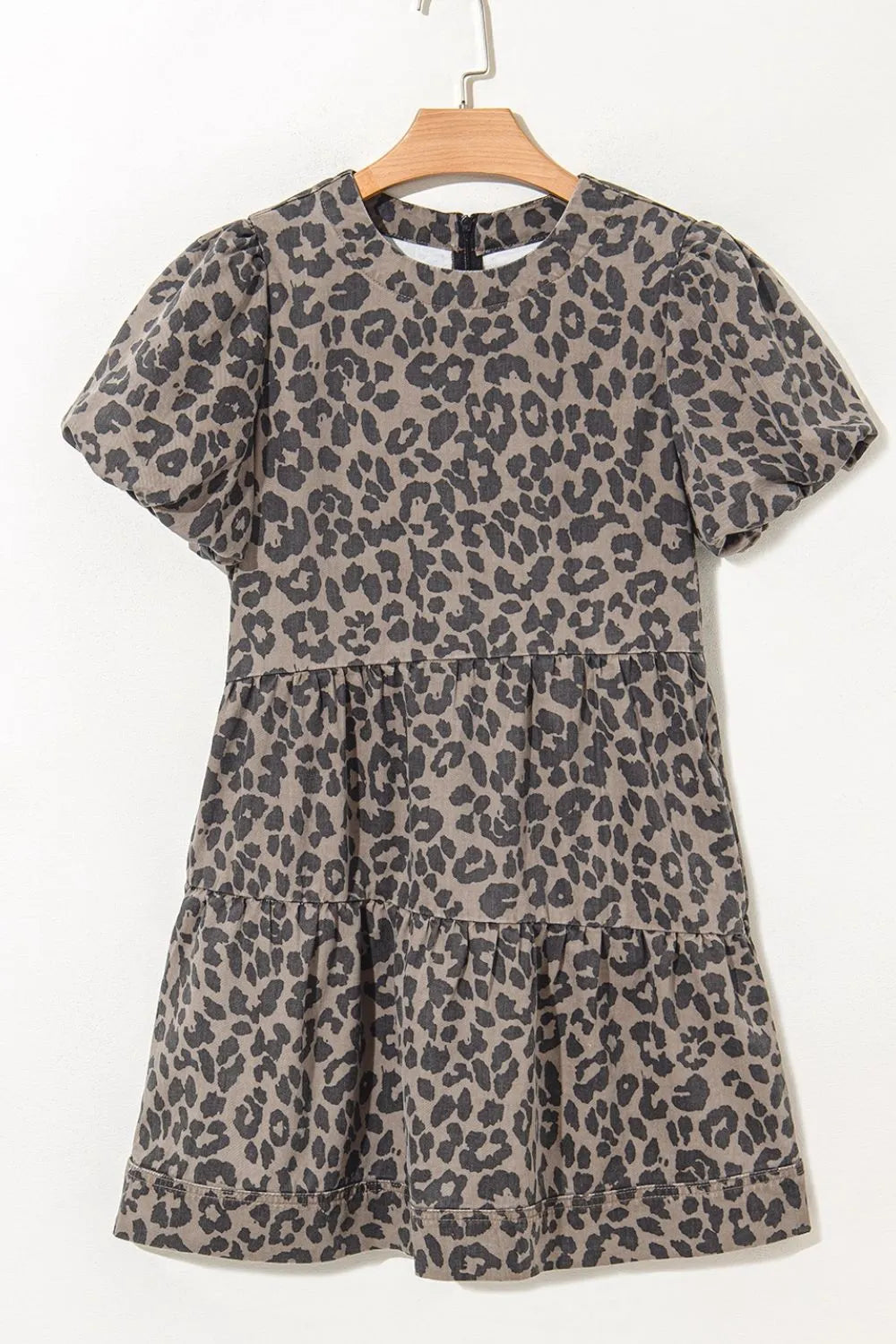Leopard Round Neck Puff Sleeve Denim Dress.