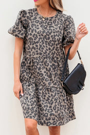 Leopard Round Neck Puff Sleeve Denim Dress.