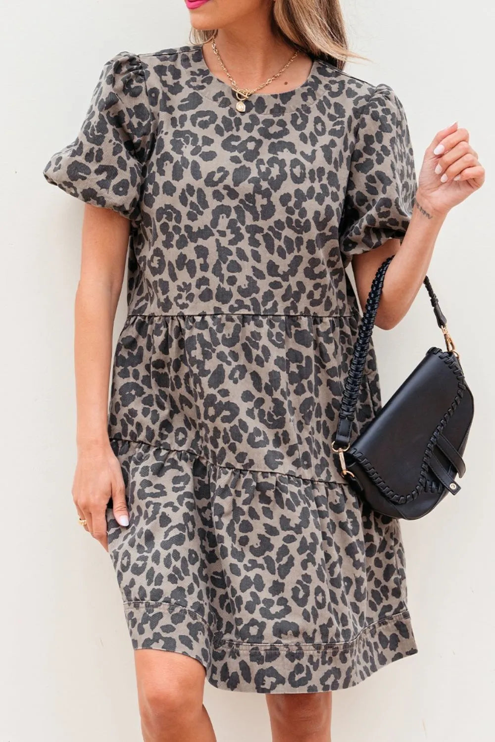 Leopard Round Neck Puff Sleeve Denim Dress.