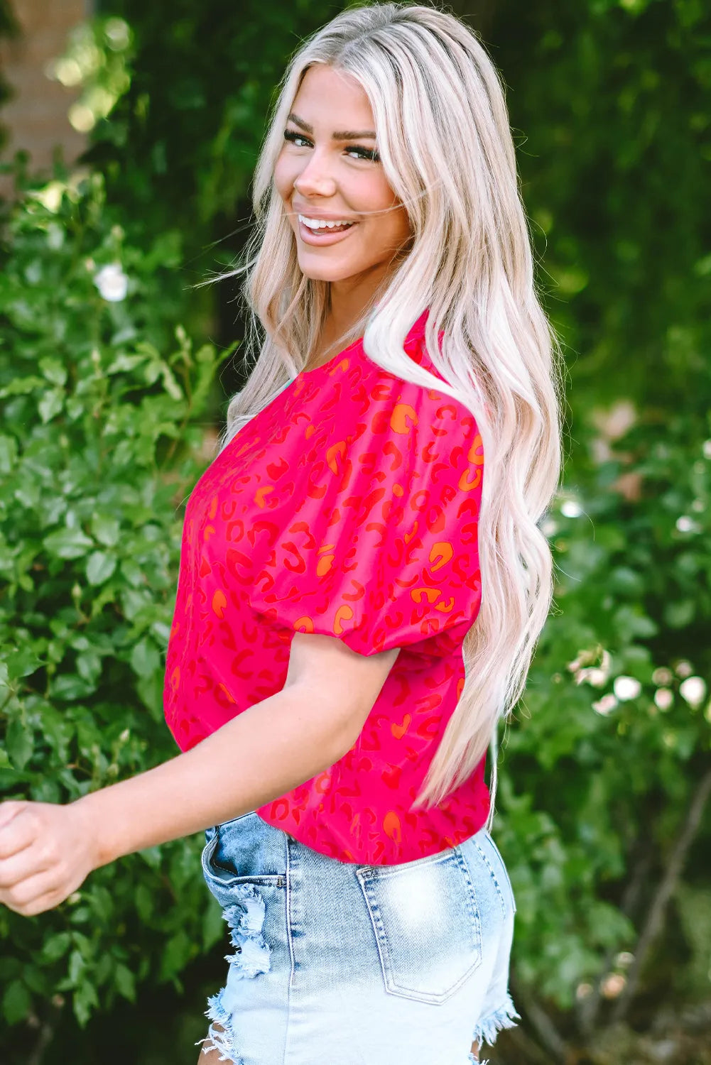 Leopard Round Neck Short Sleeve Blouse.