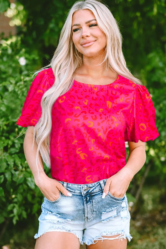 Leopard Round Neck Short Sleeve Blouse.