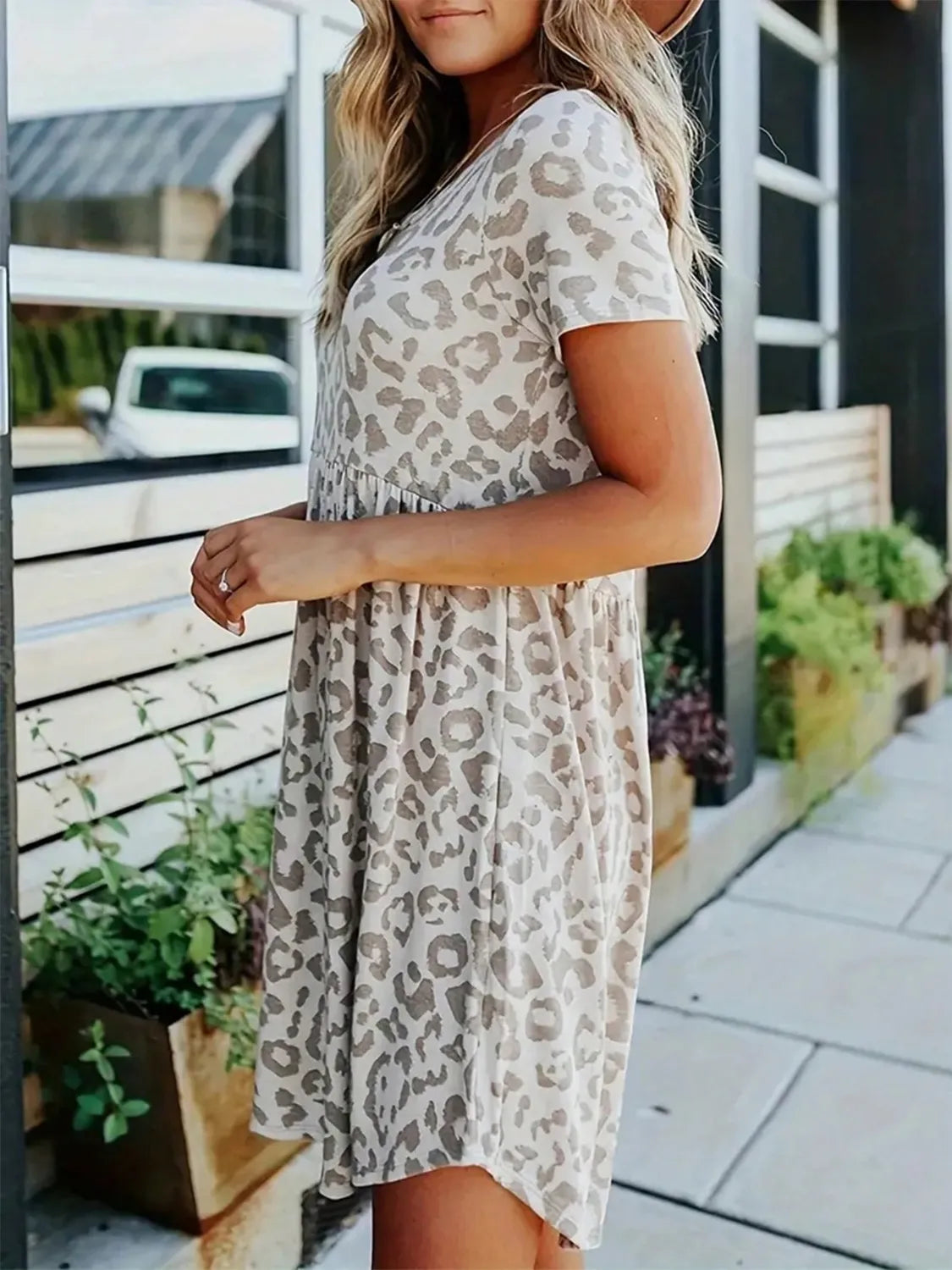 Leopard Round Neck Short Sleeve Mini Tee Dress.
