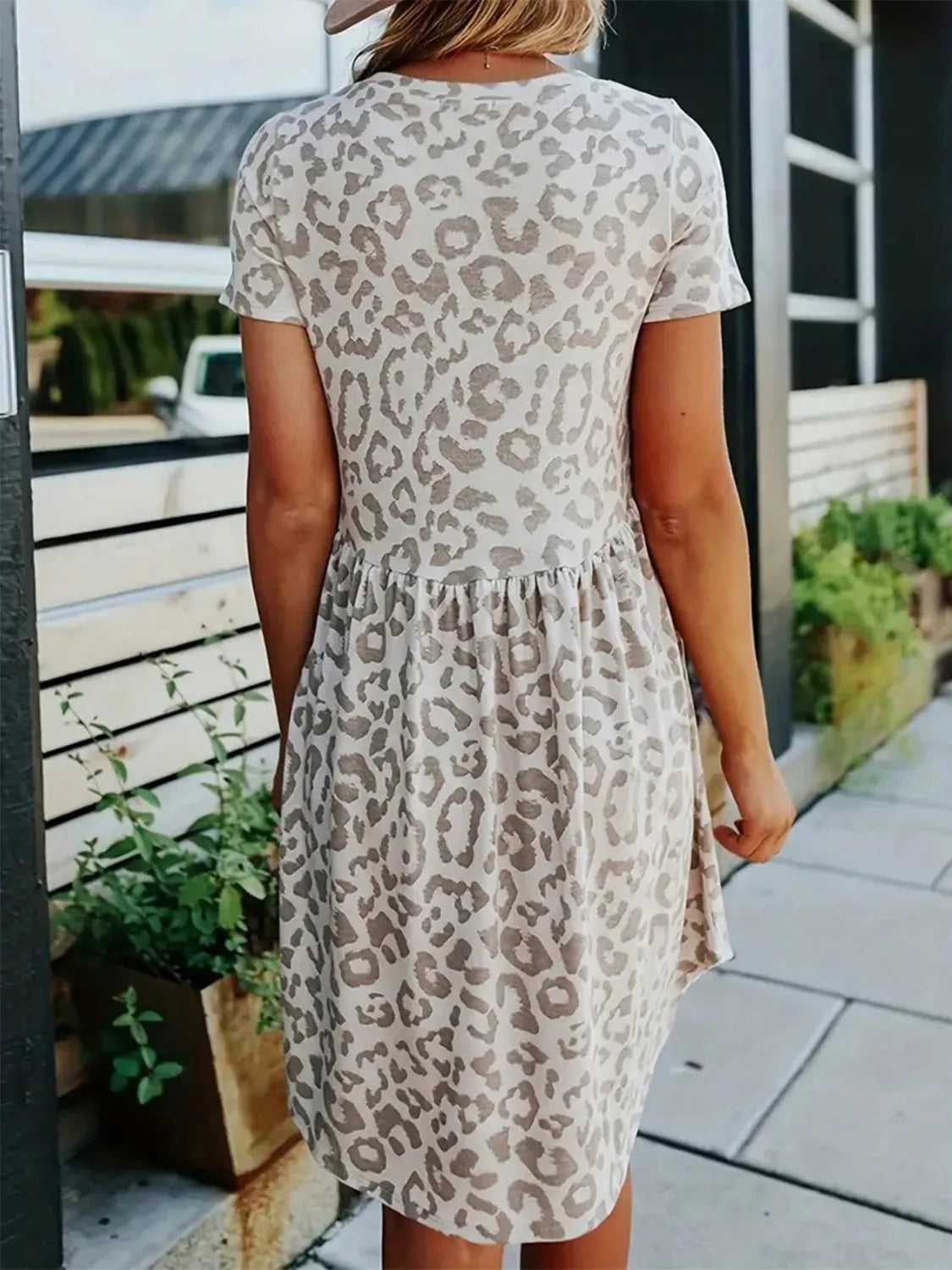 Leopard Round Neck Short Sleeve Mini Tee Dress.