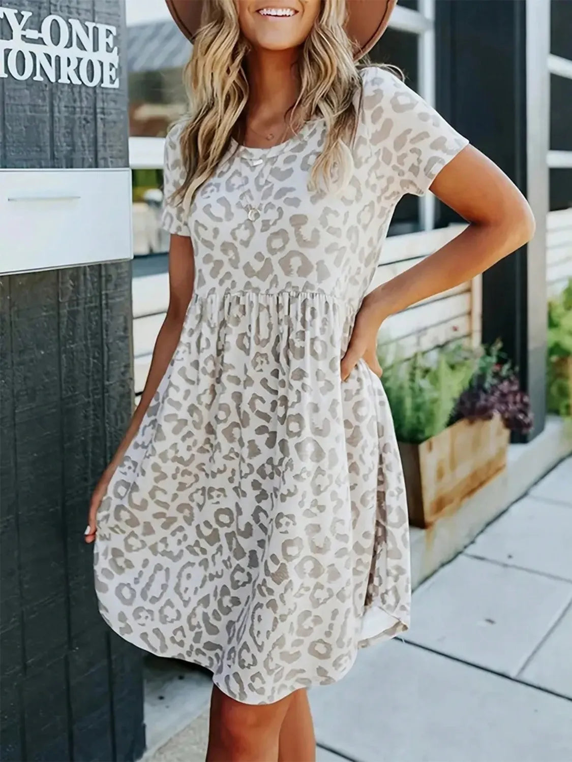 Leopard Round Neck Short Sleeve Mini Tee Dress.