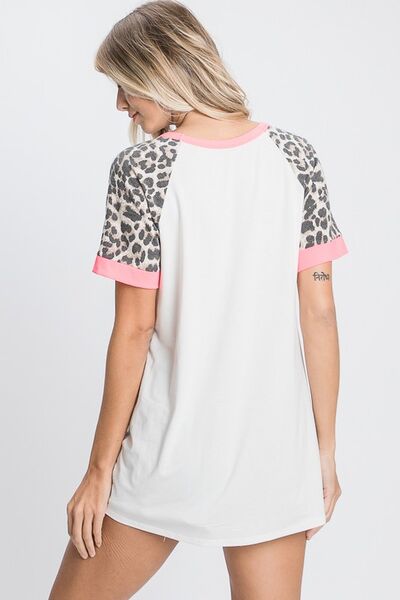 Leopard Round Neck Short Sleeve T-Shirt with Stitch Plus Size