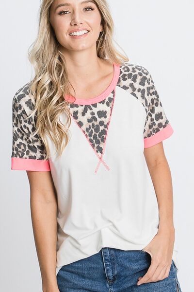 Leopard Round Neck Short Sleeve T-Shirt with Stitch Plus Size