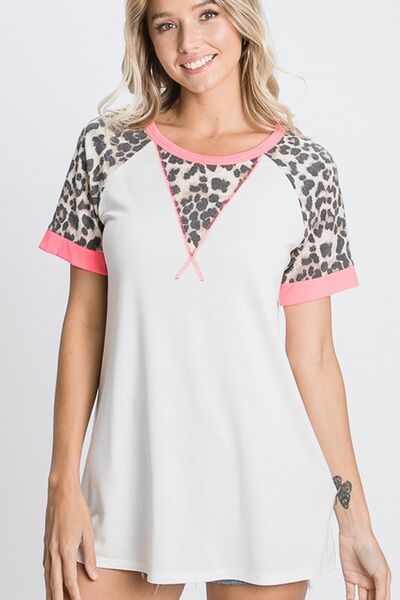Leopard Round Neck Short Sleeve T-Shirt with Stitch Plus Size