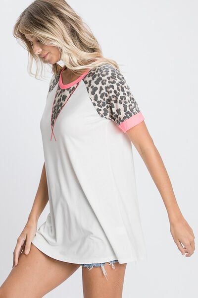 Leopard Round Neck Short Sleeve T-Shirt with Stitch Plus Size
