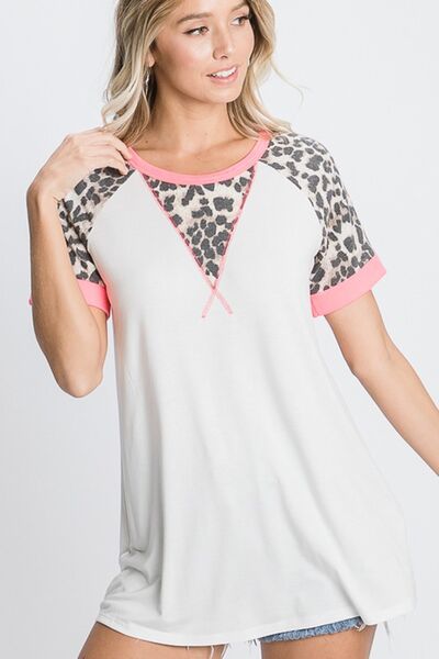 Leopard Round Neck Short Sleeve T-Shirt with Stitch Plus Size