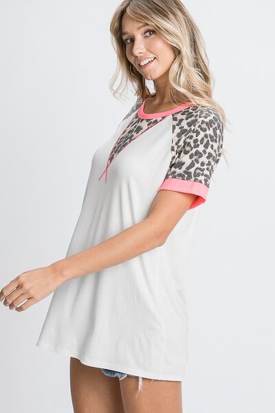 Leopard Round Neck Short Sleeve T-Shirt with Stitch Plus Size