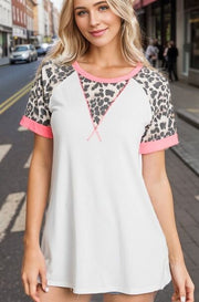 Leopard Round Neck Short Sleeve T-Shirt with Stitch Plus Size