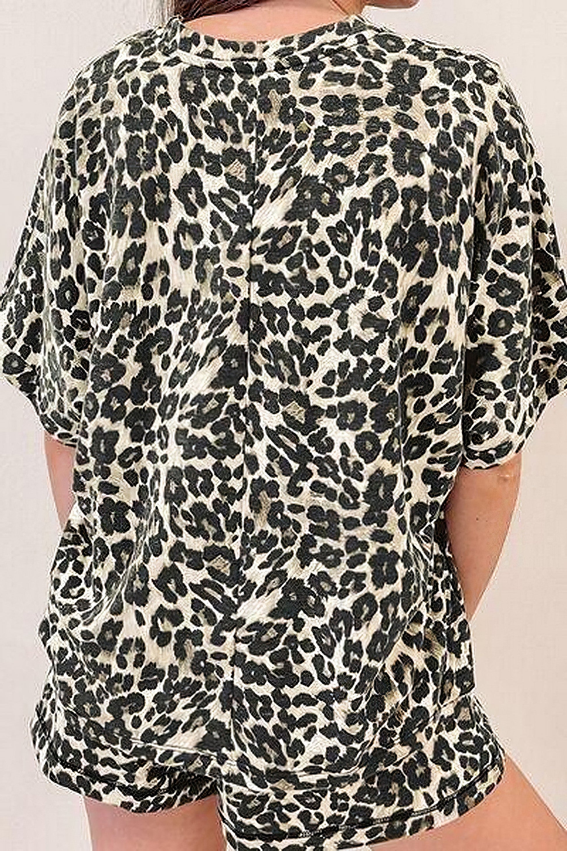 Women's leopard print round neck top and shorts set with drawstring