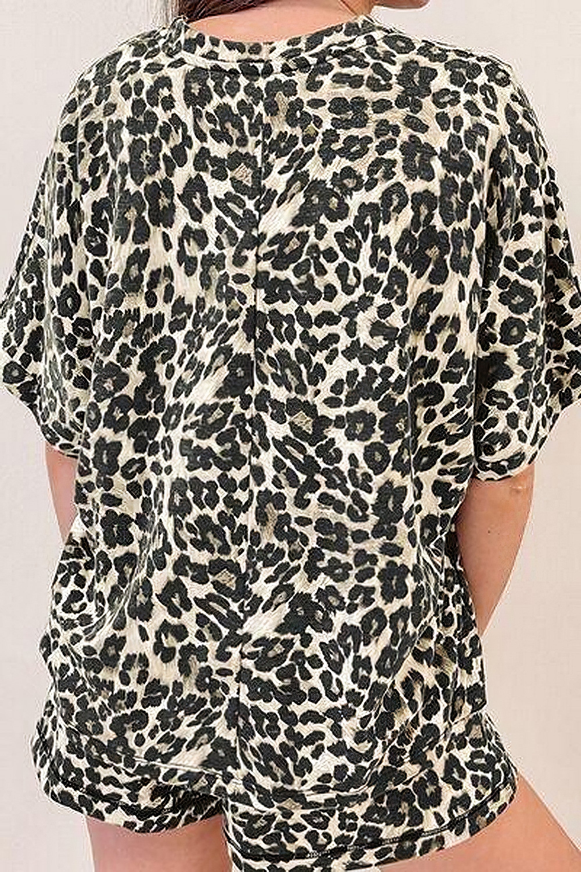 Women's leopard print round neck top and shorts set with drawstring