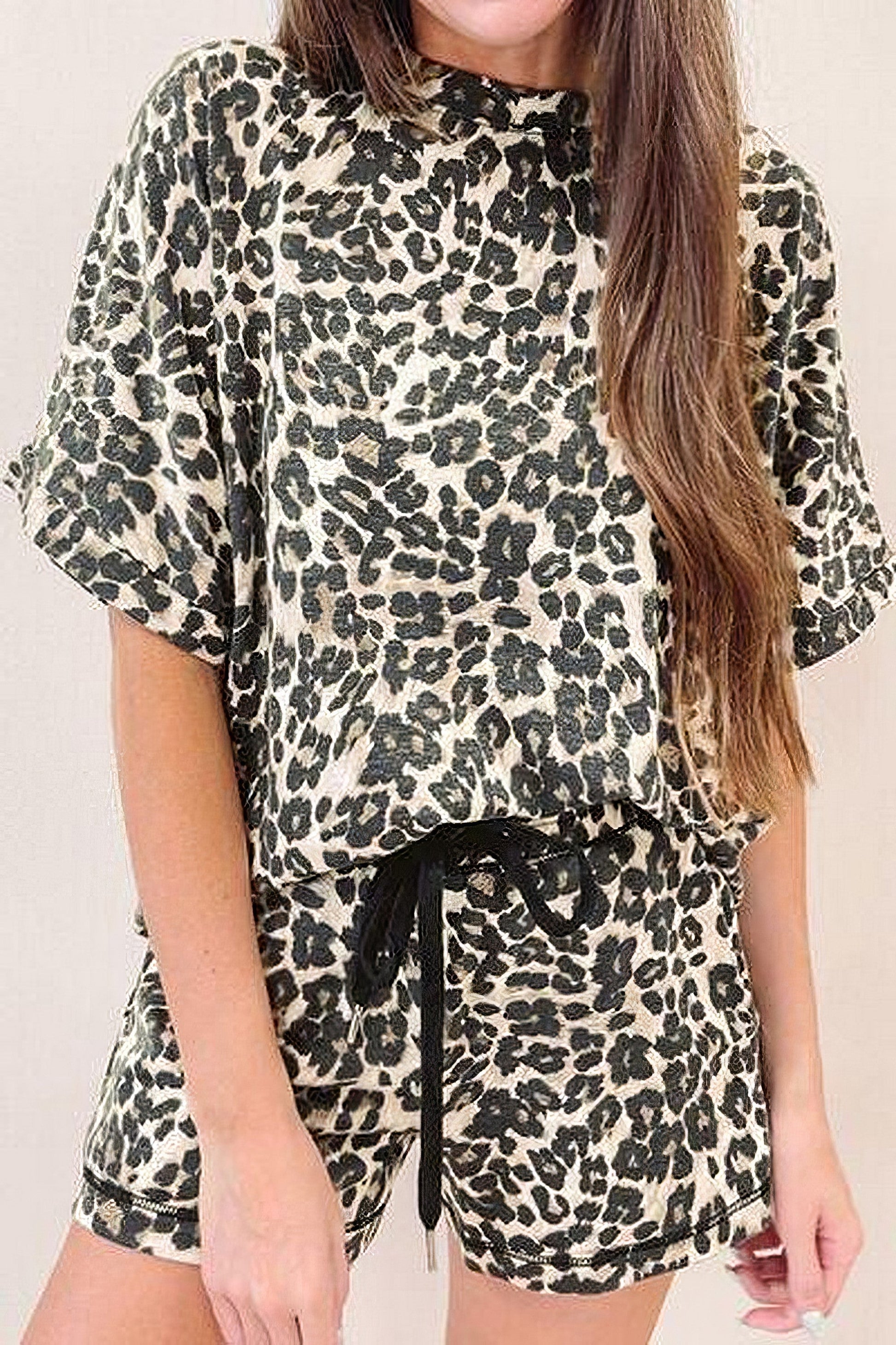 Women's leopard print round neck top and shorts set with drawstring