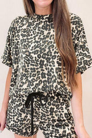 Women's leopard print round neck top and shorts set with drawstring