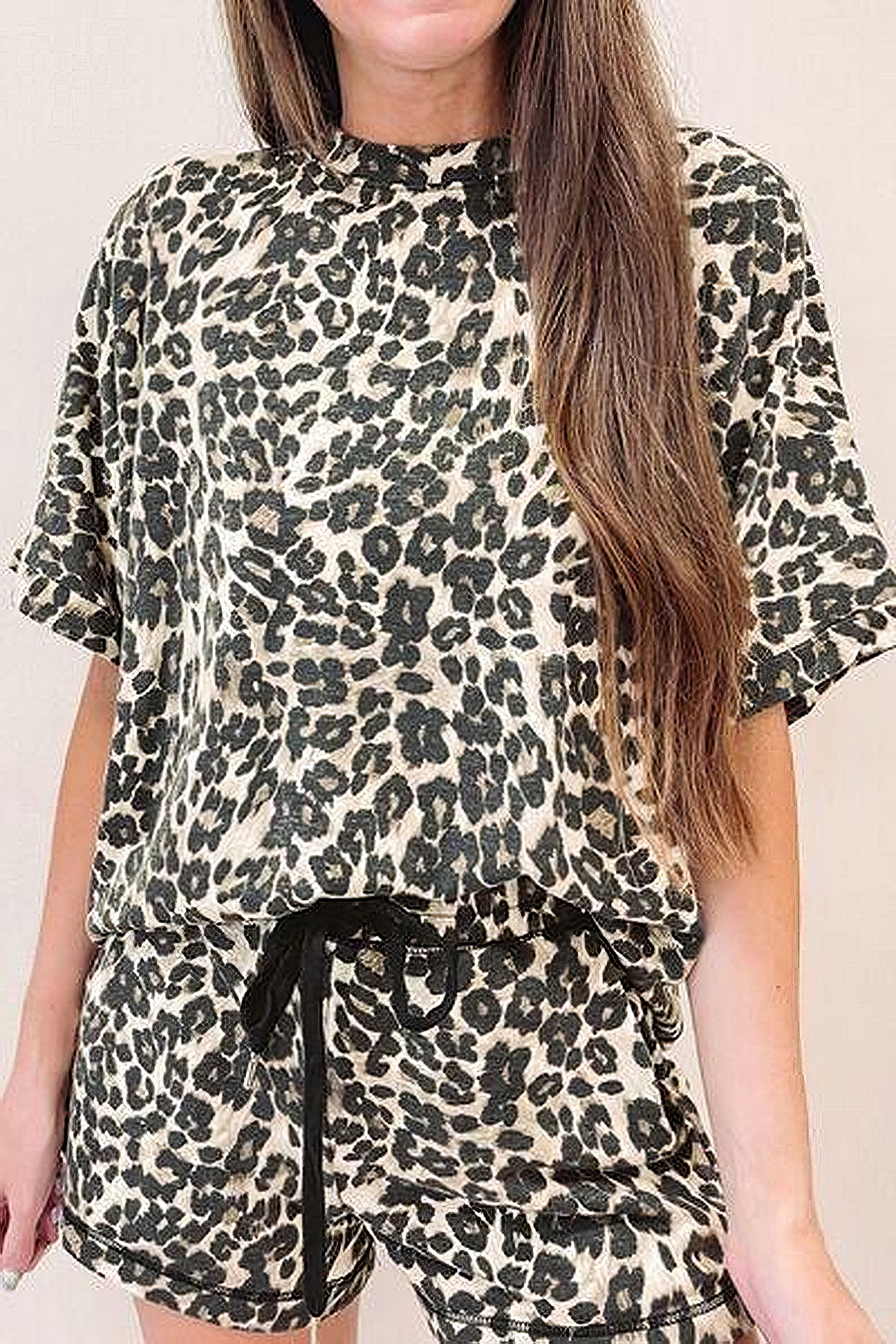 Women's leopard print round neck top and shorts set with drawstring