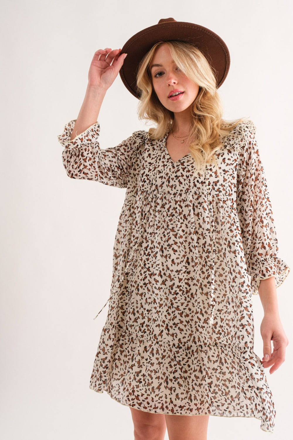 And The Why Leopard Ruffle Hem Woven Mini Dress.