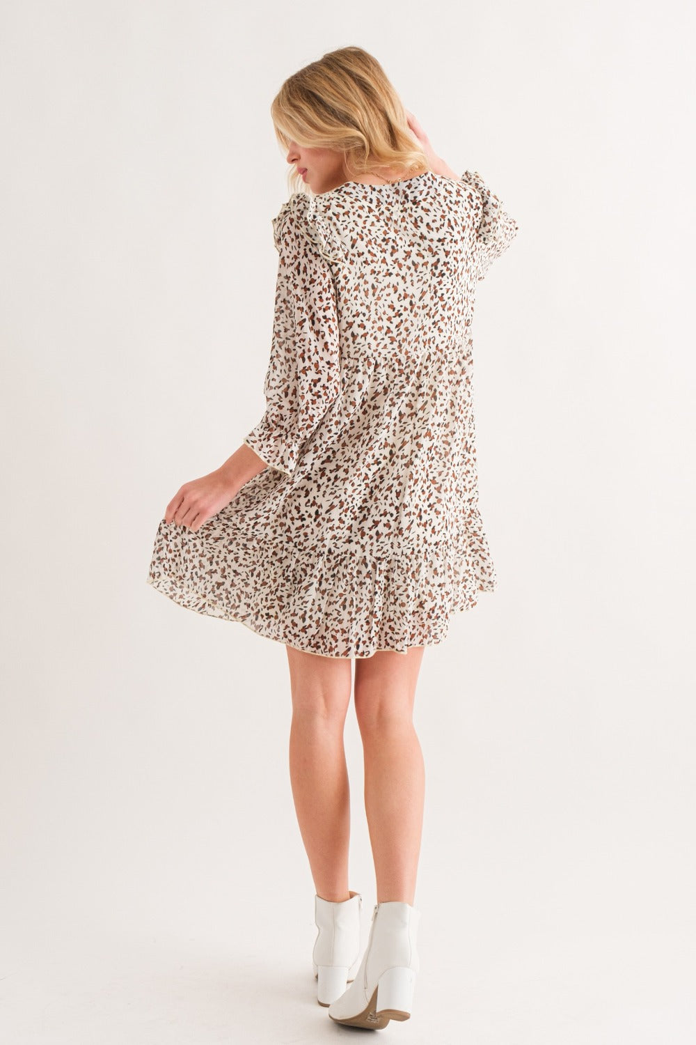 And The Why Leopard Ruffle Hem Woven Mini Dress.