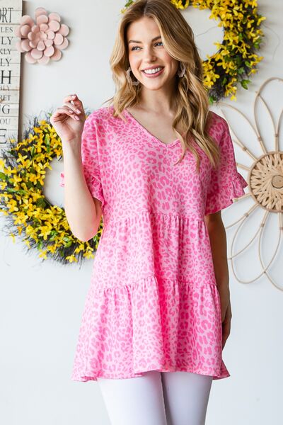 Heimish full size Leopard Ruffle Trim Short Sleeve Top.