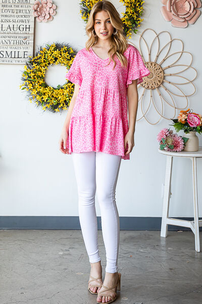 Heimish full size Leopard Ruffle Trim Short Sleeve Top.