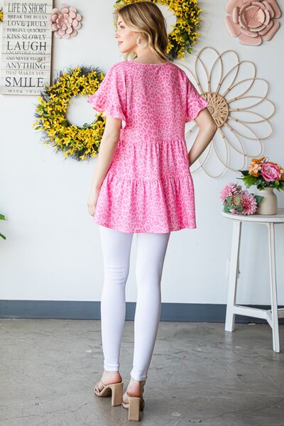 Heimish full size Leopard Ruffle Trim Short Sleeve Top.