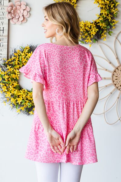 Heimish full size Leopard Ruffle Trim Short Sleeve Top.