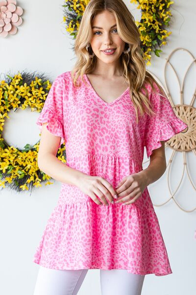 Heimish full size Leopard Ruffle Trim Short Sleeve Top.