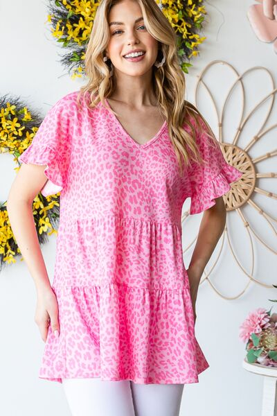 Heimish full size Leopard Ruffle Trim Short Sleeve Top.