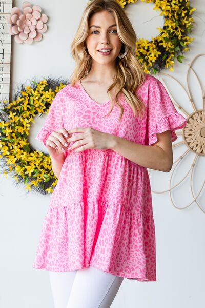 Heimish full size Leopard Ruffle Trim Short Sleeve Top.