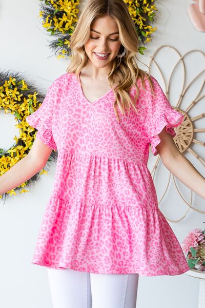 Heimish full size Leopard Ruffle Trim Short Sleeve Top.