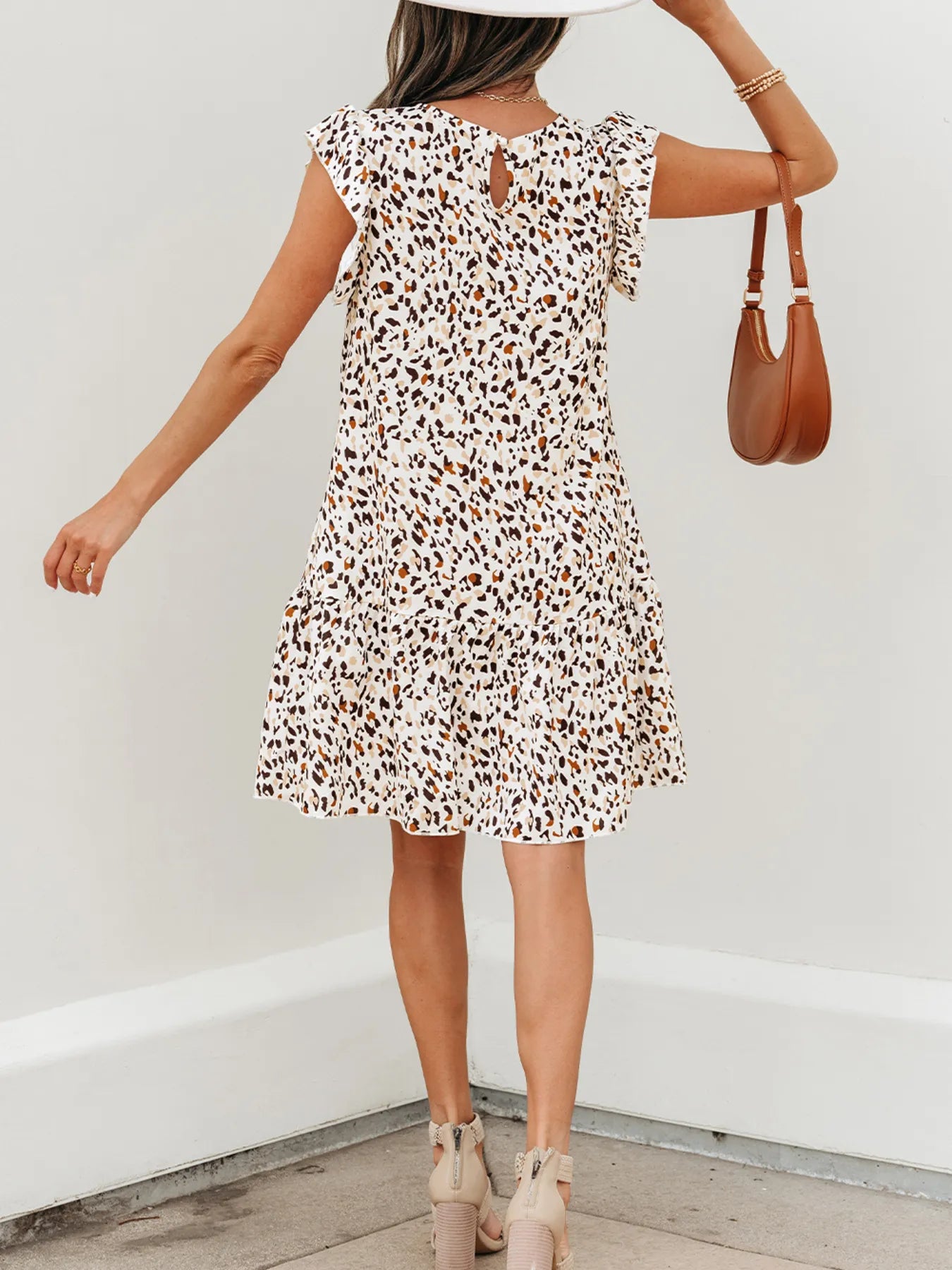 Leopard Ruffled Flutter Sleeve Keyhole Back Mini Dress.