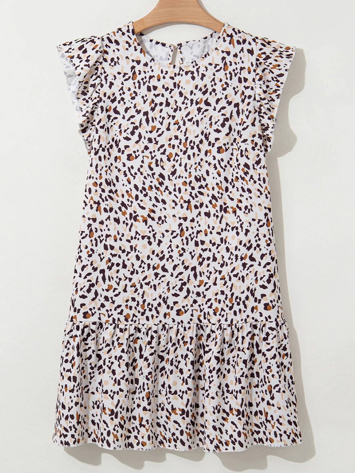 Leopard Ruffled Flutter Sleeve Keyhole Back Mini Dress.