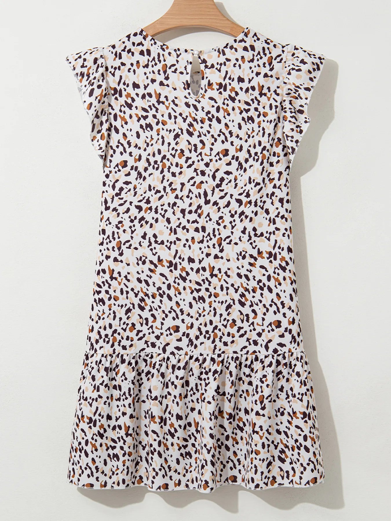 Leopard Ruffled Flutter Sleeve Keyhole Back Mini Dress.