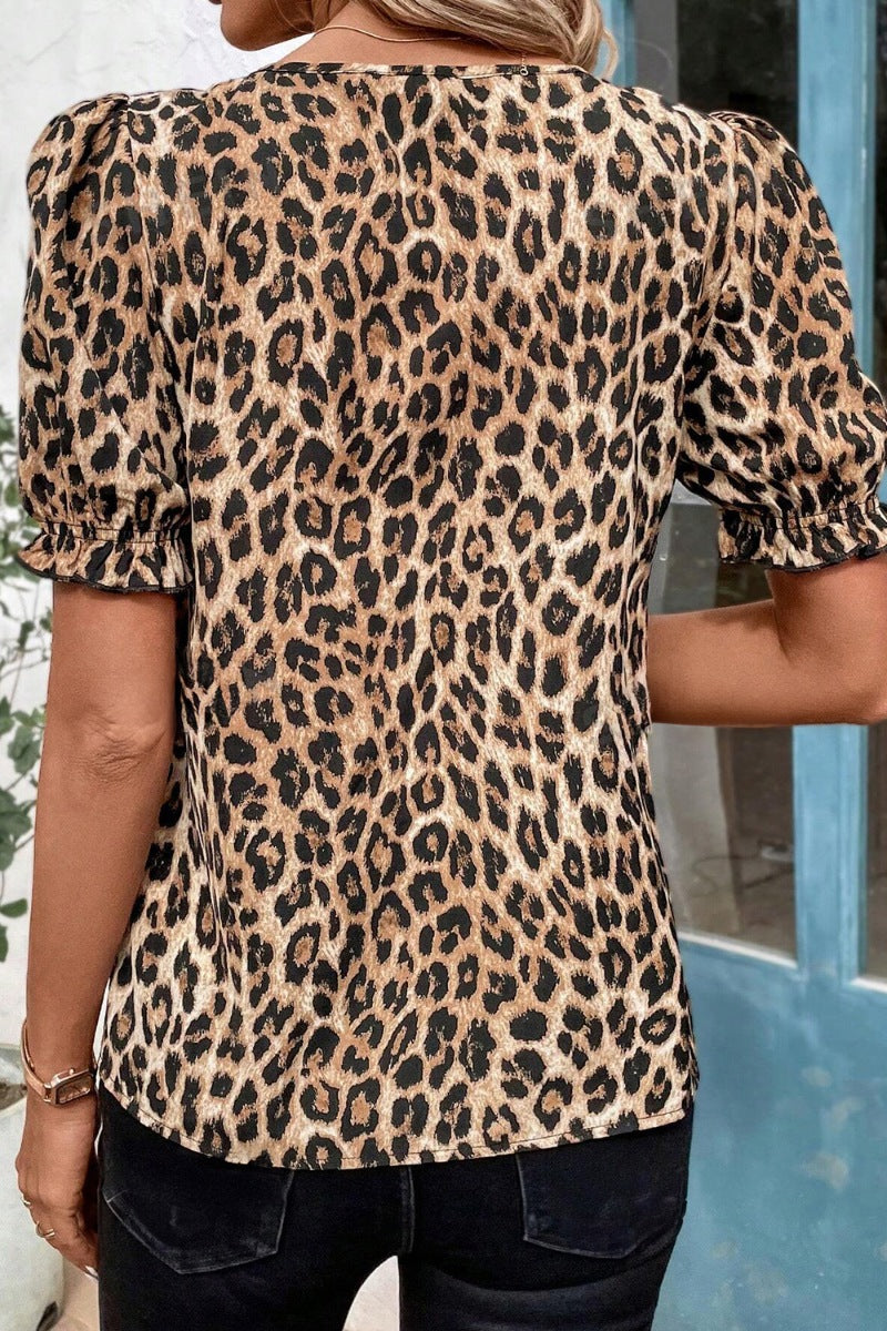 Leopard Ruffled Neck Cascading Puff Short Sleeve Top.